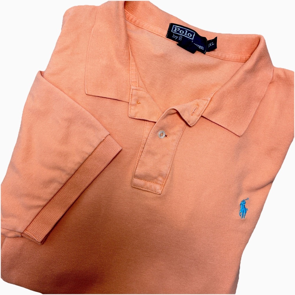 Polo Ralph Lauren Mens XXL Peach Orange Short Sleeve Pique Polo Shirt Blue Pony